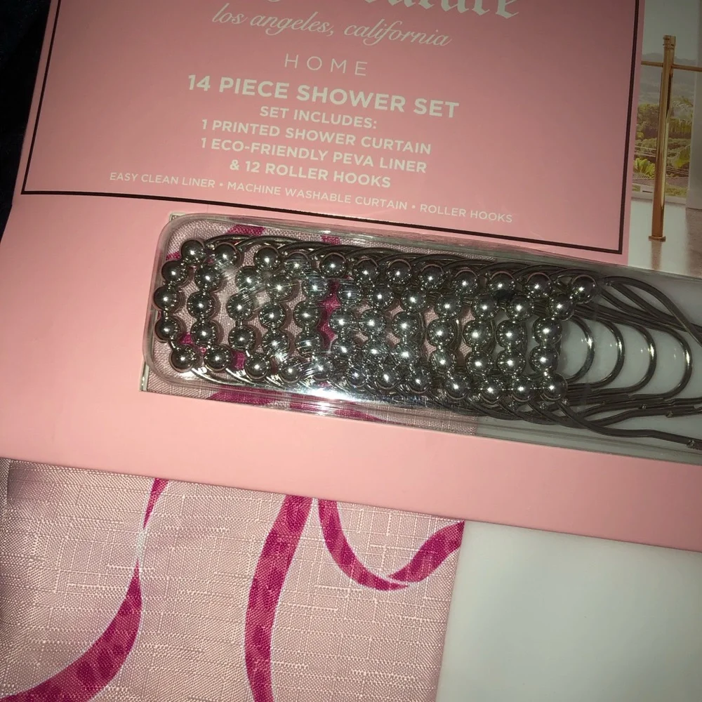 🎀 Juicy Couture Pink Bow Shower Curtain Set with Silver Hooks